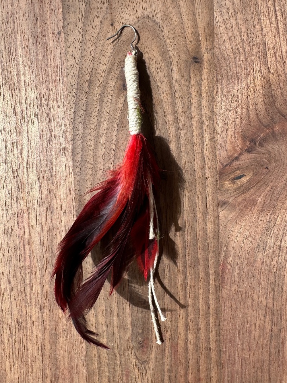 Red Feather Earring with Jute Element